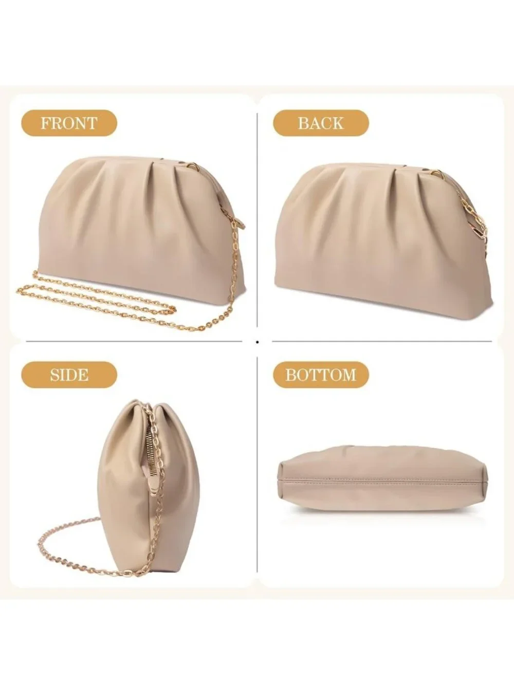 Women's Nude Soft Pleated Pu Clutch Purse Elegant Evening Wedding Bag